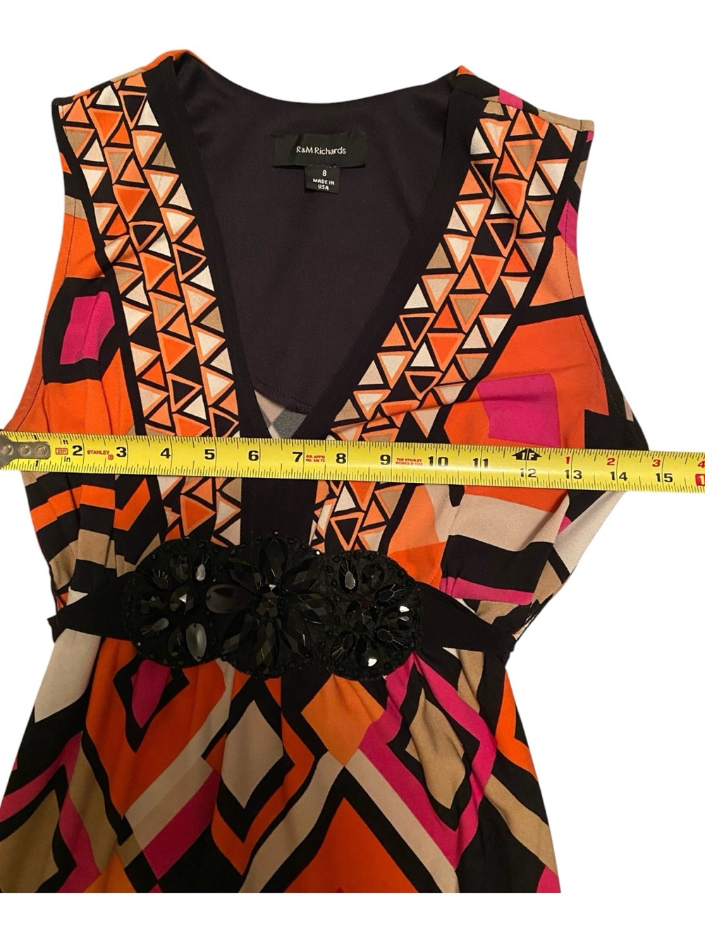 R&M Richards V-Neck Geometric Maxi Dress in Orange, Black. Pink & Cream, Size 8 - Picture 7 of 8
